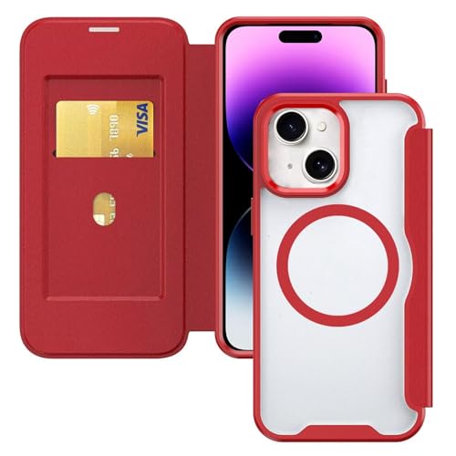 HAONANDE Magnetisch Handyhülle für iPhone 13 / iPhone 14, Klapphülle Kompatibel mit MagSafe, RFID Blocker, Kartenfach, PU Leder Flip Stoßfest Schutzhülle Klar Case Rot
