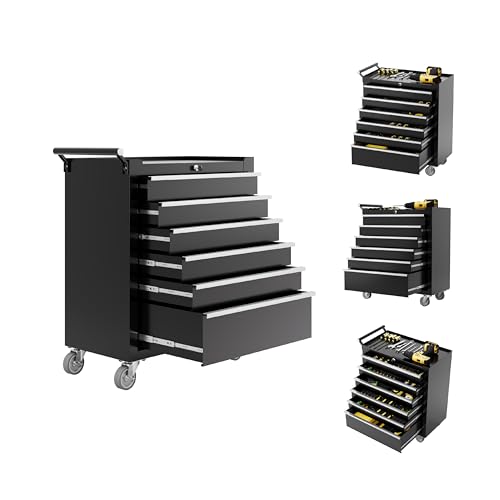 IDEALHOUSE Rolling Tool Chest, 6 Drawers Tool Storage Cabinet, Toolbox with Wheels, Portable Tool Cabinet Organizer with Locking System & Drawer Liners, Tool Storage Cart for Garage, Workshop, Black