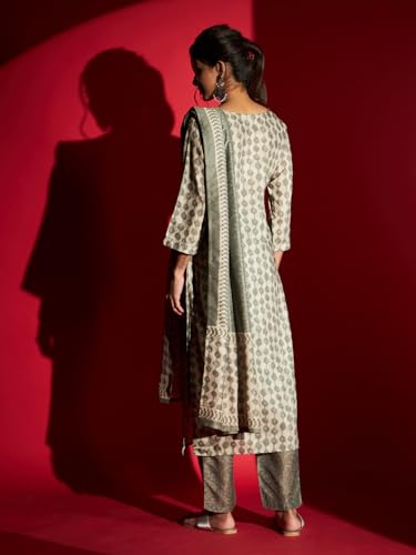 Image of Naixa Women's Pure Muslin Printed and Embroidered Straight Kurta with Pant and Dupatta Set (R-Taniya)