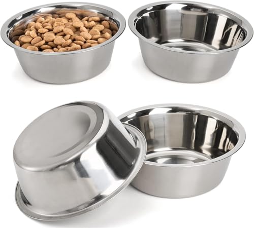 DEAYOU Confezione da 4 ciotole in acciaio inox per cani e gatti, ciotola per cibo e acqua in metallo, 21 cm, per cani di taglia grande, media e piccola, 1,3 l, ciotola di ricambio per supporto