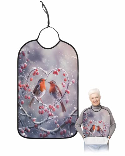 Christmas Adult Bib for Adults Men, Women, Snowy Bird Red Fruit Love Winter Snowflake Washable & Adjustable Terry Cloth Bib with Crumb Catcher Reusable Waterproof Clothing Clothes Protector Apron