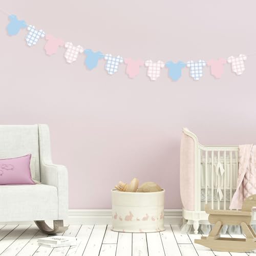 Image of Weysat 2 Pcs Baby Clothes Banner Baby Boys Girls Shower Decorations Pink Blue Bodysuit Clothesline Banner Gender Reveal Birthday Neutral Party Outfit Paper Decor Supplies