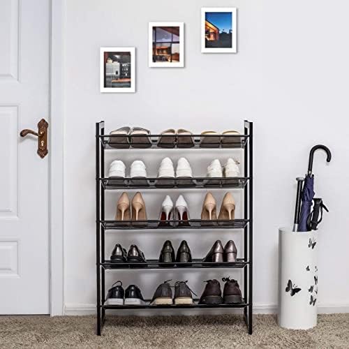 SONGMICS 5 Tier Metal Mesh Shoe Rack with Flat Angled Shelves, Large Stackable and Adjustable Boots Storage Organiser in Hallway Closet LMR005B, Black