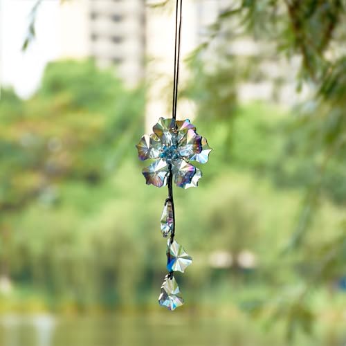 Image of Crystal Flower Car Rear View Mirror Pendant Suncatcher Ornament for Automotive Decoration Accessories Interior Rearview Mirror Hanging Charm, Colorful