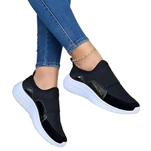 Damen Wanderschuhe Neue Runde Zehe Dicke Sohle Flacher Mund Leichte rutschfeste Tennisschuhe Große Größe Stricklastizität Komfort Sommer Leichte flache Schuhe ( Color : Black , Size : EUR41/US9 ) Cover