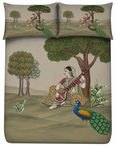 Image of 7D Digital Printed King Size Bedsheet | 240TC Premium Cotton Feel Microfiber with 2 Pillow Covers | Soft Breathable & Wrinkle Free Bedding Set | (Ethnic, King Size-225x250CM)