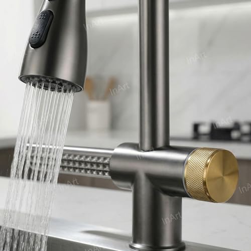 Image of InArt Brass Waterfall Kitchen Sink Mixer Tap /Faucet 360 Rotatable Pull Out Kitchen Faucet Multi-Function (Grey Black)