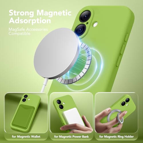 Image of Magnetic for iPhone 16 Case, Compatible with MagSafe, [Screen Protector + Full Camera Protection], Silicone Shockproof Anti-Scratch Protective Phone Case for iPhone 16 6.1 inch,Fluorescent Green