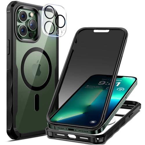 seacosmo for iPhone 13 Pro Max Case Full Body Bumper with Built-in 9H Tempered Glass Privacy Screen Protector and Camera Lens Protector Compatible with MagSafe Shockproof Phone Case 6.7 Black