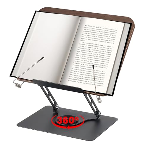 Atril para libros para leer, soporte de lectura ajustable, giratorio 360°, plegable, soporte para libros de cocina con clip lateral, soporte de lectura para recetas, tableta, ordenador portátil