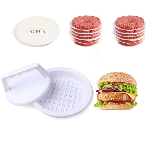 HOMOMSAE Burger Press Patty Maker, Hamburger Patty Press Mold, Ergonomic Design with 50 Patty Papers(12CM) for Kitchen BBQ Grill - Plastic, White