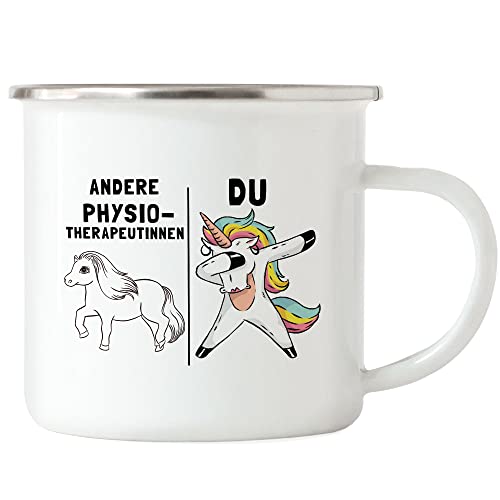 Hey!Print Taza esmaltada con texto en alemán 'Otros fisioterapeutas Du Email' con caballo, unicornio, humor divertido regalo farmacia