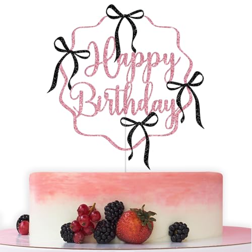 Bow Happy Birthday Cake Topper, Bow Cake Decor, Bow Knot Birthday Decorations for Girl, Bow First Bday Baby Shower Party Decorations, Pink and Black Glitter