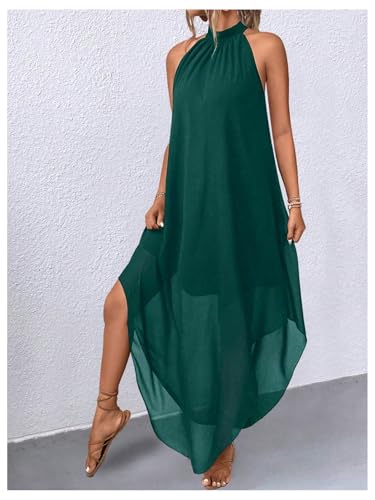 Image of Verdusa Women's Wedding Guest Dress Halter Flowy Chiffon Long Dresses | Cocktail Dress, Asymmetrical Dress for Women, Sleeveless, Prom Dress, Cruise Outfits, Boho