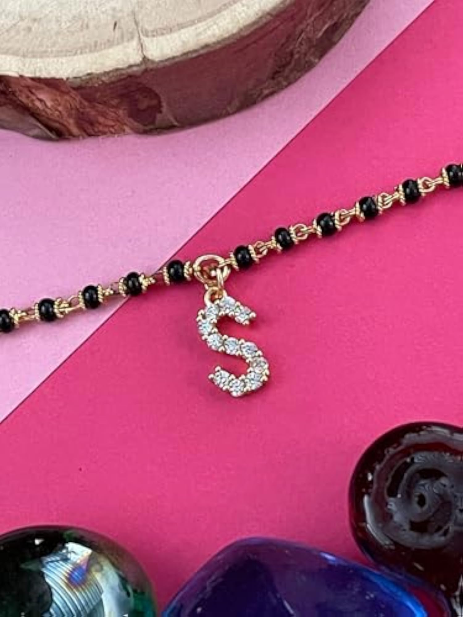 S Letter Alphabet Gold Plated Mangalsutra Bracelet, Adjustable