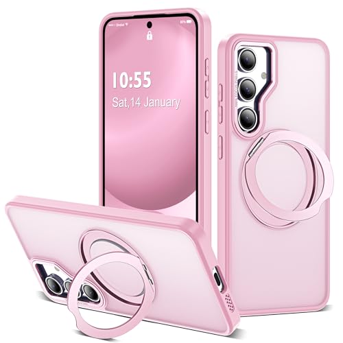 Image of for Samsung Galaxy S24 FE Case with 360 Rotatable Magnetic Ring Stand Compatible with Mag-Safe Military Protection Shockproof Matte Translucent Phone Cases for S24 FE,Pink