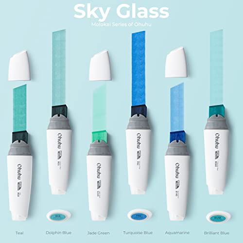 Ohuhu 320 Colors + 1 Blender Chisel & Fine Tips Double Tipped Art Marker Set Extra Wide Board Tip 6 Colors Of Sky Colors Bundle #TOP1