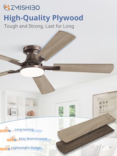 Image of ZMISHIBO 52 Inch Ceiling Fan with Light, App&Remote Control, Flush Mount Low Profile, Dimmable 20W LED Light, Quiet Reversible Motor for Bedroom, Living Room, Apartment, Brown