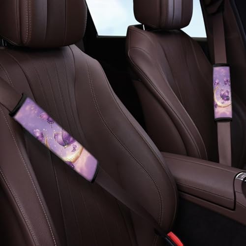 Image of AFPANQZ Purple Butterfly Moon Universal Safety Seat Belt Cover 2 Pack Truck Vans Sedans SUVs Seat Belt Pad Cushion for Women Girls Comfortable Shoulder Protectors