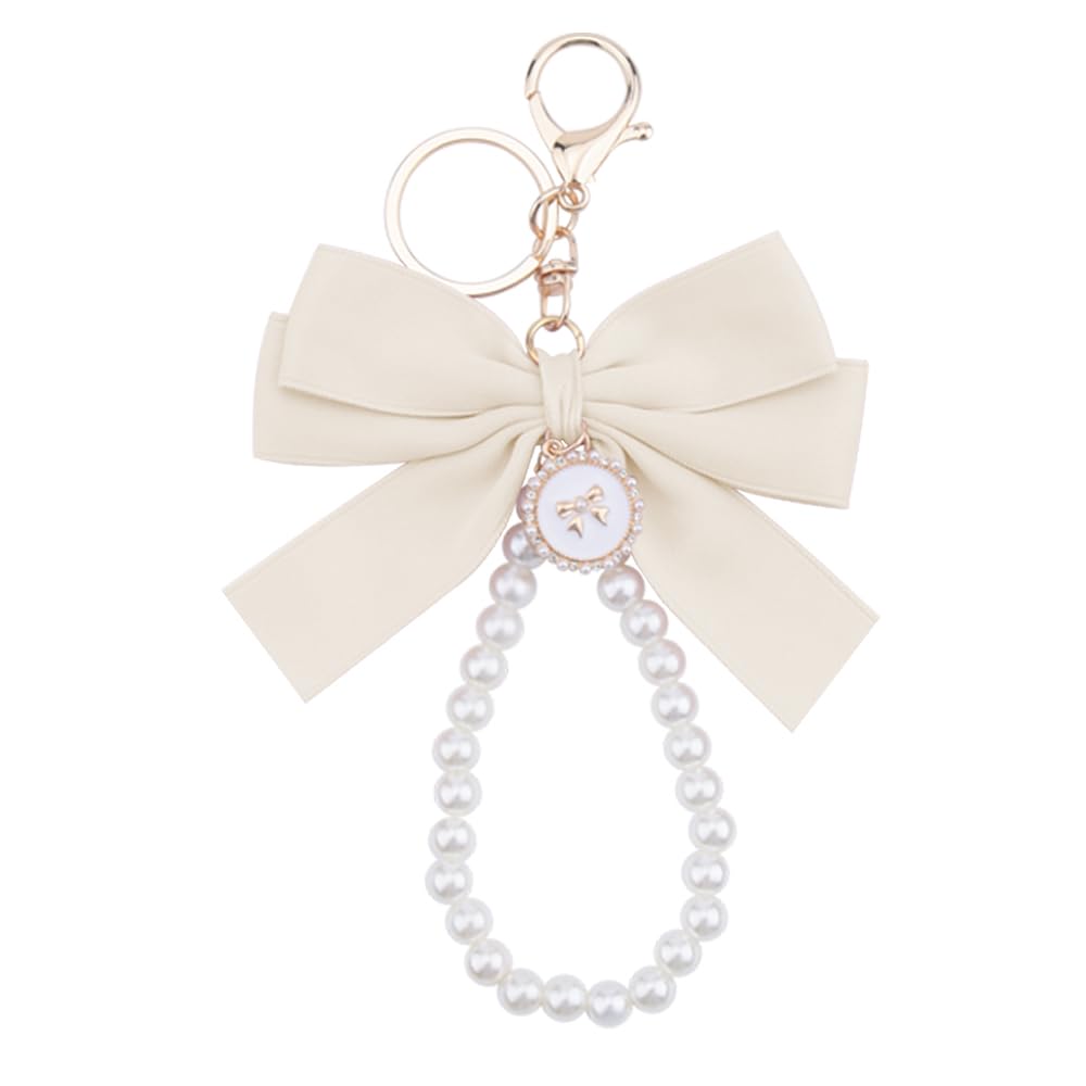 YALLNASL Pink Pearl Bow Keychain for Women Girls Bracelet Wristlet Keychain for Car Key Chains Women Cute Bag Purse Charms