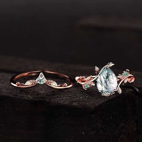 RareCreations Natural Moss Agate Gemstone Genuine 925 Sterling Silver Ring for Women Pear Cut Women's Ring Set for Engagement Silver 925 Jewelry