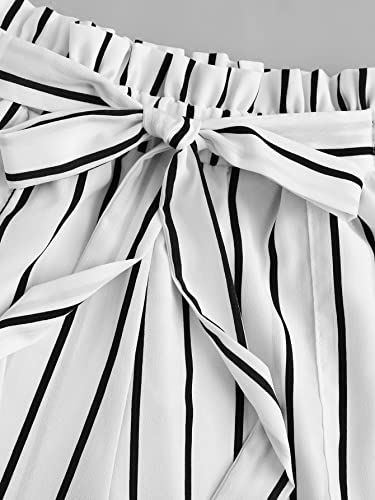 Milumia Women's Casual Striped Tie Paperbag Waist Wide Leg Belted Summer Shorts Black and White Medium