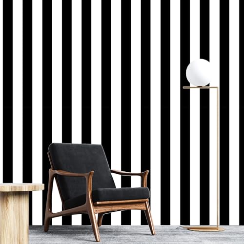 Image of Uooar Black and White Striped Wallpaper 44cmx305cm Modern Removable Self Adhesive Peel and Stick Wallpaper Vinyl Furniture Wrap for Living Room, Bedroom, Cabinets