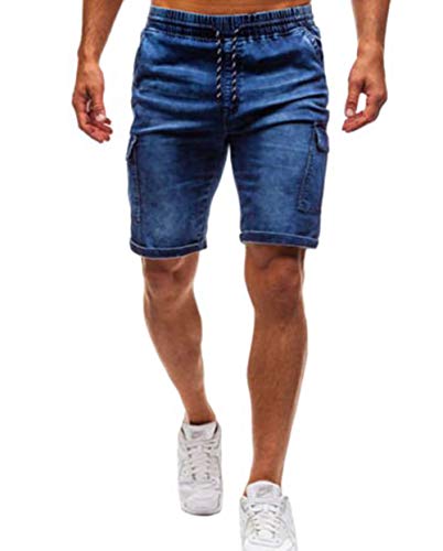 Mens Casual Denim Shorts Jeans Elastic Waist Drawstring Shorts with Multi Pockets (US-34, Deep Blue)