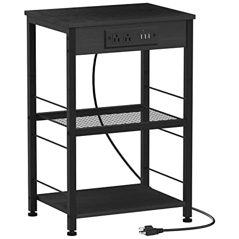 Nightstand Black with Charging Station, End Table Bedside Table with USB Ports, 3 Tier Side Table with Storage Shelf Modern Night Stand Tables with Charging Square End Table for Bedroom Living Room Cover
