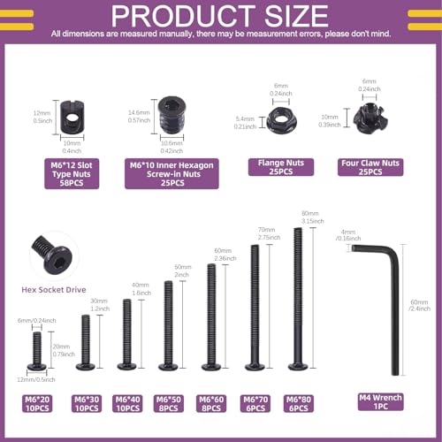 Swpeet 192Pcs M6 × 20/30/40/50/60/70/80mm Black Zinc Flat Head Hex Socket Cap Baby Crib Bed Bolts and Threaded Insert Nuts with Flange Nuts and 4 Pronged Tee T Nuts Kit with Allen Wrench