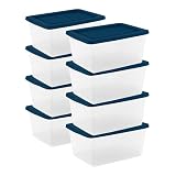 Sterilite 8 Pack Storage Boxes, Clear Plastic Stackable Containers, Lightweight Home Organizers with Snap Lids, 58 Quart, Marine Blue