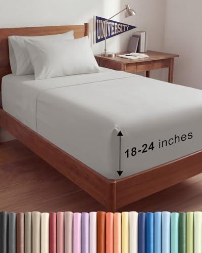 Image of Extra Deep Twin XL Sheet Set - 4 Piece Breathable & Cooling - French Grey | Hotel Luxury Bed Sheets Set, Easy & Secure Fit, Ultra-Soft, Wrinkle & Fade Free, Comfy Sheets Set with Extra Deep Pockets