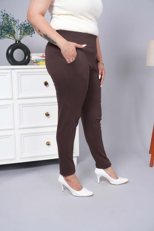 Image of Mlada Women's Solid Cotton Lycra High Waist Ankle Length Tummy Tucker Jeggings Trouser with 2 Side Pockets | Office Wear Summer Pants | Regular Fit, Stretchable, Comfortable & Stylish Everyday Bottoms