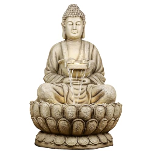 Image of 44 inch Kamal Buddha Water Fountain for Home & Garden|Fiber Buddha Fountain with LED Light|Indoor Outdoor Fountain for Vastu & Positivity (Beige, 44 inch Super Buddha Fountain)