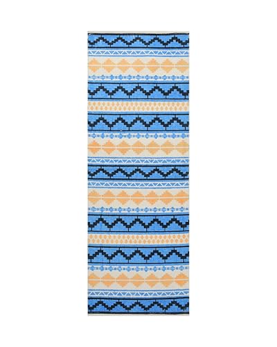 Image of SAGON 2x5 Ft Printed Runner Carpet - Cotton Bedside Rug for Bedroom & Living Room (Blue Kilim)