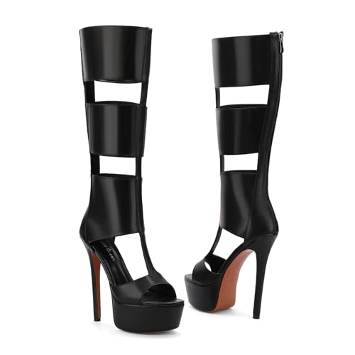 FancyQueen Platform Knee High Sandals for Women, Gladiator Open Toe Summer Booties Black Heels Sandal Boots, Sexy Style Casual for Party by FancyQueen - Used condition - Image 6
