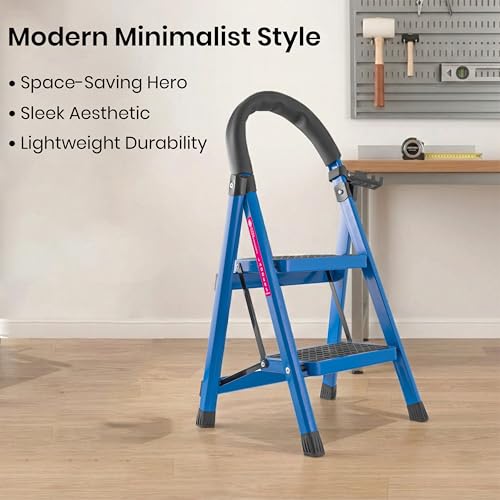 Image of Casa Copenhagen Blue 2 Step Ladder for Home Use with Built-in Tool Tray | Heavy Duty D Shape Rods | Ultra Large Platform | Wide Rubber Feet | 150Kg Capacity Foldable Ladder - 7 Years Warranty