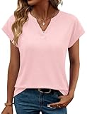 Rapbin Damen Bluse V Ausschnitt Elegant Kurzarm Shirt Casual Oberteil Sommer Locker Tee Tops Outfit Rosa M