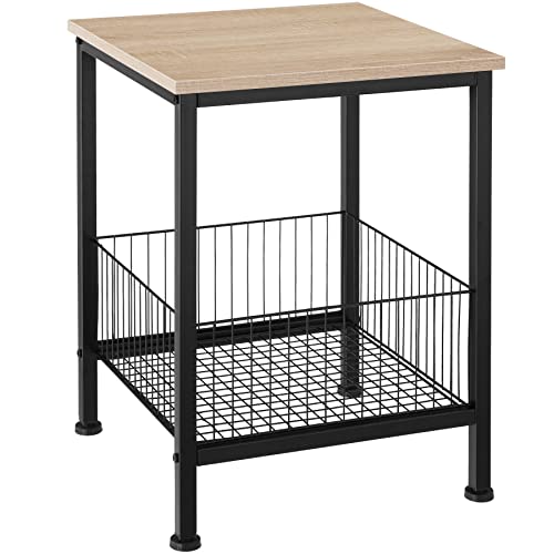 tectake® Beistelltisch mit Stauraum, Couchtisch mit Gitter Korb, Nachttisch 40 x 40 x 55,5 cm, Zimmer Deko Schlafzimmer, Deko Wohnzimmer Möbel, Pflanzenständer - Industrial Holz Hell, Eiche Sonoma