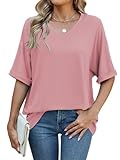 Famulily Ladies Summer Basic Comfy T Shirt Women Oversized Tunic Tee Tops Casual V Neck Baggy Tshirts (L, Pink)