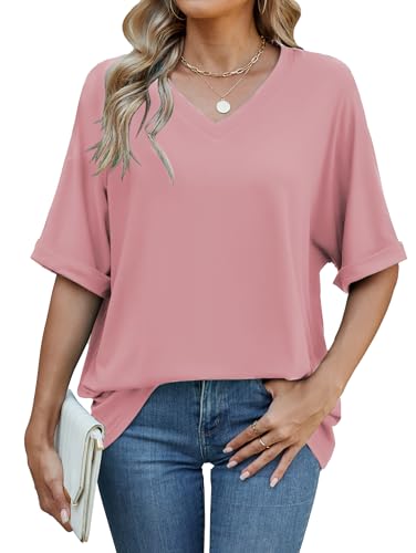Image of Famulily Ladies Summer Basic Comfy T Shirt Women Oversized Tunic Tee Tops Casual V Neck Baggy Tshirts (M, Pink)