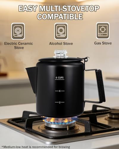 Image of Coffee Maker Coffee Percolator 304 Stainless Steel Pot Stovetop Easy Brewing Even Heating 6 Cup 33.8oz 1000ml Black Classic Design Heat Resistant Home Camping Outdoor