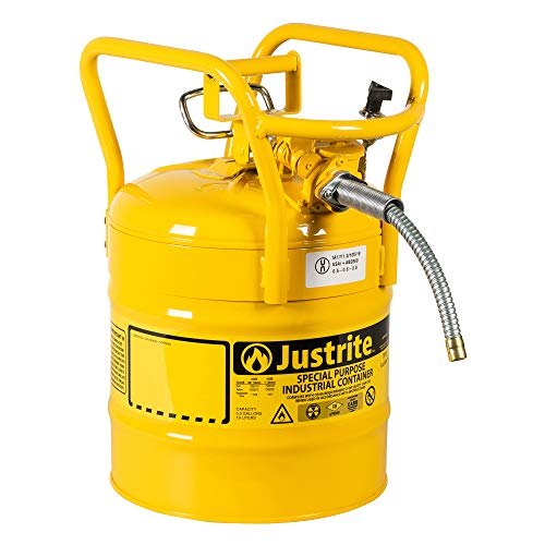 Image of Justrite AccuFlow 7350210 Type II Galvanized Steel Transport and Dispensing Flammable Safety Can with 5 /8 inch Flexible Spout, 5 Gallon Capacity, Yellow