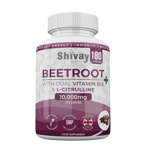 Beetroot Complex 10 000mg with Dual Vitamin B12 L-Citrulline Black Pepper - 180 Vegan Capsules | High Strength Beetroot Supplement | 6% Nitrates Energy Fatigue Reduction | UK Made Shivay Herbals