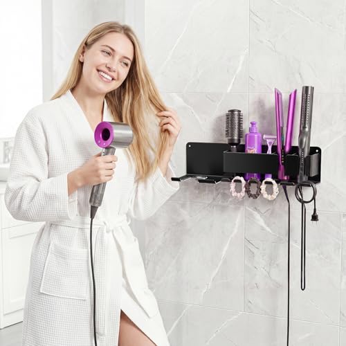 DOTCUTY Föhn Halterung Wandmontage, Fönhalter ohne Bohren zum Kleben oder Schrauben, Metall Fönhalter fürs Bad, Haartrockner Halterung mit Haken für Glätteisen, Lockenstab, Bürsten & Haarzubehör