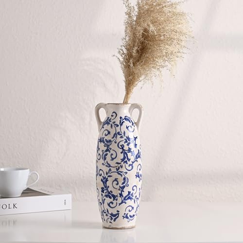 VICTOR & TERESA Blue and White Floor Vase for Pampas Grass, 11'' Tall Vase for Home Decor, Ceramic Farmhouse Decorative Large Vases for Flower, Mantel, Living Room, Shelf, Centerpieces, Gift for Mom - Image 3