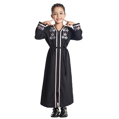 ODIZLI Kids Girls Abaya Long Sleeve Hooded Maxi Dress Dubai Islamic Dress Casual Dress Prayer Clothes Girls Church Prayer Dress ?????? ?????? ?????? ????? ?????? Abaya for Girls #Black 3-4 Years