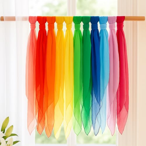 Breling 12 Pcs Large Chiffon Play Scarves Bulk 35 x 35 Inch Square Dance Juggling Scarves Soft Colorful for Music Movement Juggling Performance Magic Trick Props Accessories 12 Colors