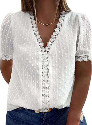 Eytino Womens Plus Size Tops Casual Summer Short Sleeve V Neck Lace Crochet Chiffon Blouses Shirts(1X-5X)