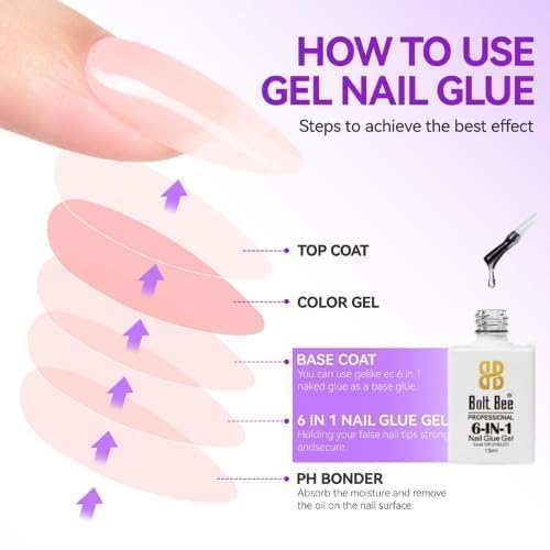 Bolt Bee 6-in-1 Glue 15ml – Base Coat, Nail Glue, Strengthener, Self-Leveling Gel, Slip Solution & Blooming Gel – Soak Off UV/LED Multi-Functional for Nail Art & Extensions 2